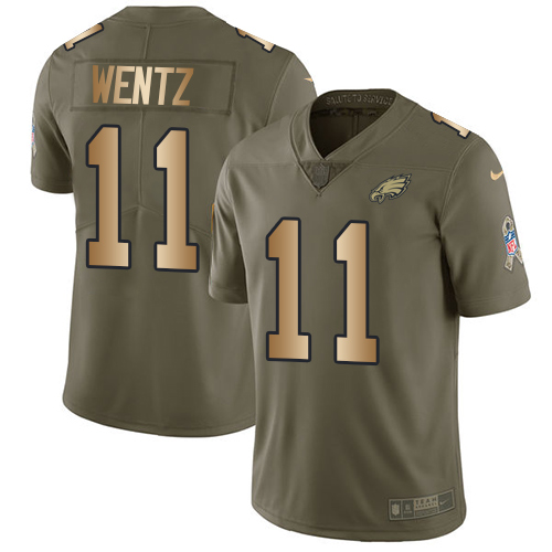 Nike Eagles #11 Carson Wentz Olive/Gold Men's Stitched NFL Limited Salute To Service Jersey